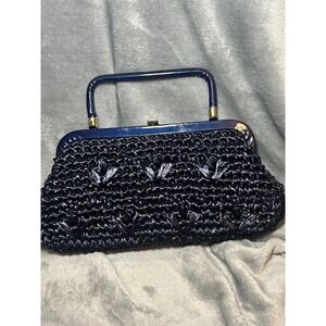 Vintage Navy Blue Woven Raffia Handbag Lucite Frame Top Handle Purse Retro